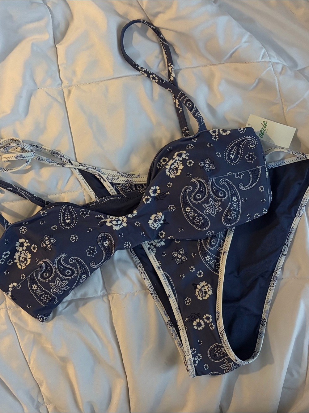 aerie Navy Blue Paisley Bandeau Bikini Set new w tags Large
